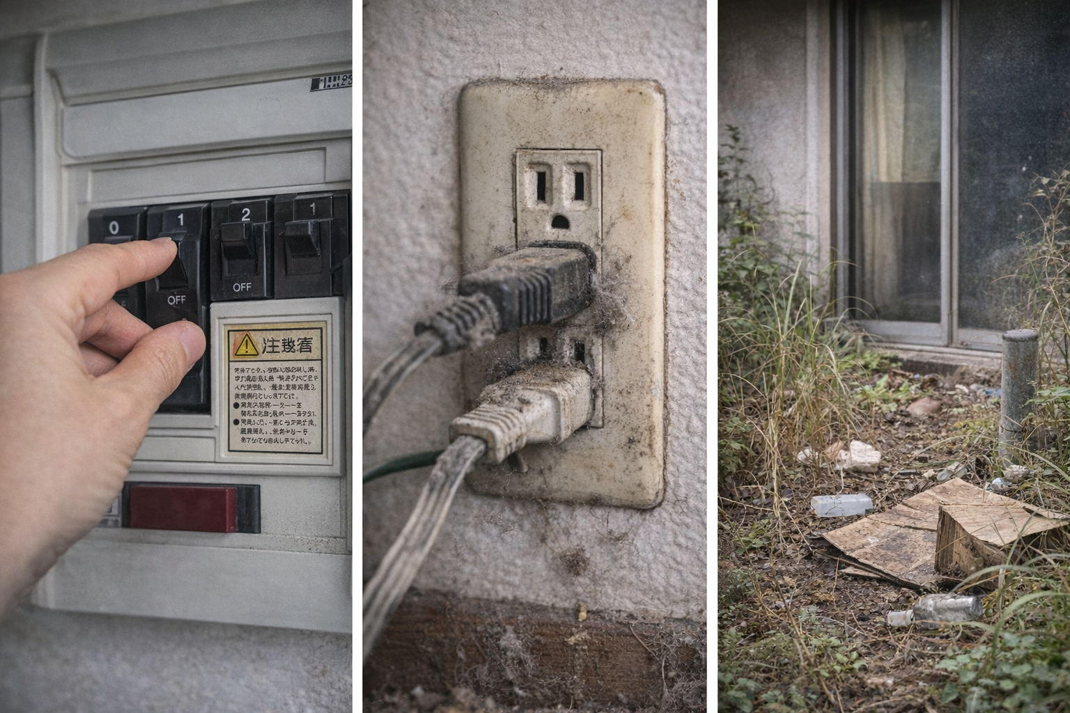 第18回_空き家の火災予防_ブレーカー_コンセント_草_写真コラージュ