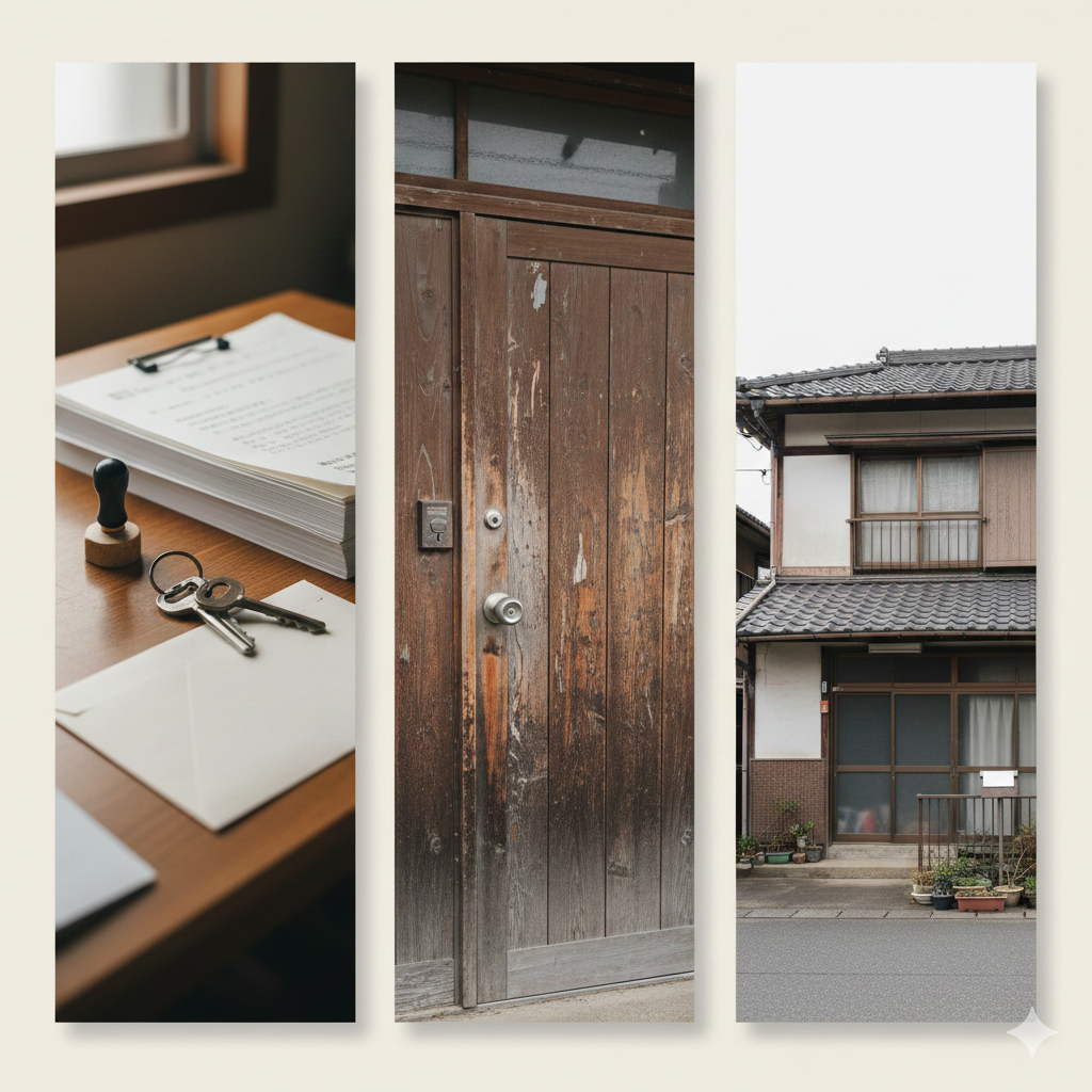 第23回_相続登記_後回しにすると困る3つ_書類_鍵_空き家外観_写真コラージュ_